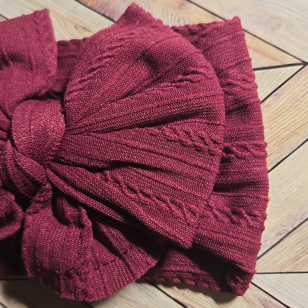 ​Burgundy Cable Knit Baby Girl Headband Large Bow Turbans Soft Stretch Headwrap